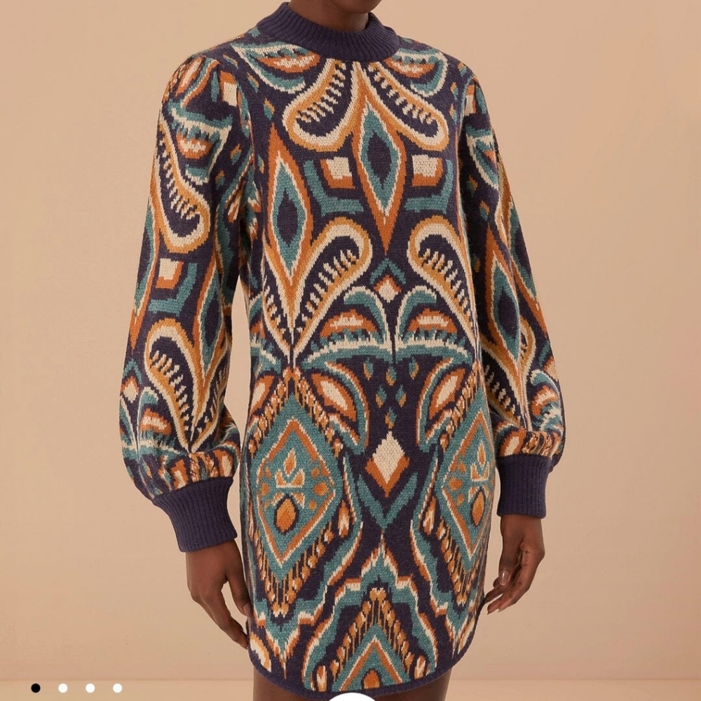 Farm Rio Colorful Patterned Knit Sweater Dress